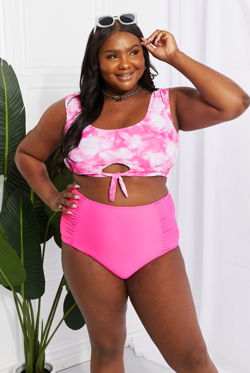 Dark Slate Gray Marina West Swim Sanibel Crop Swim Top and Ruched Bottoms Set in Pink Swimwear
