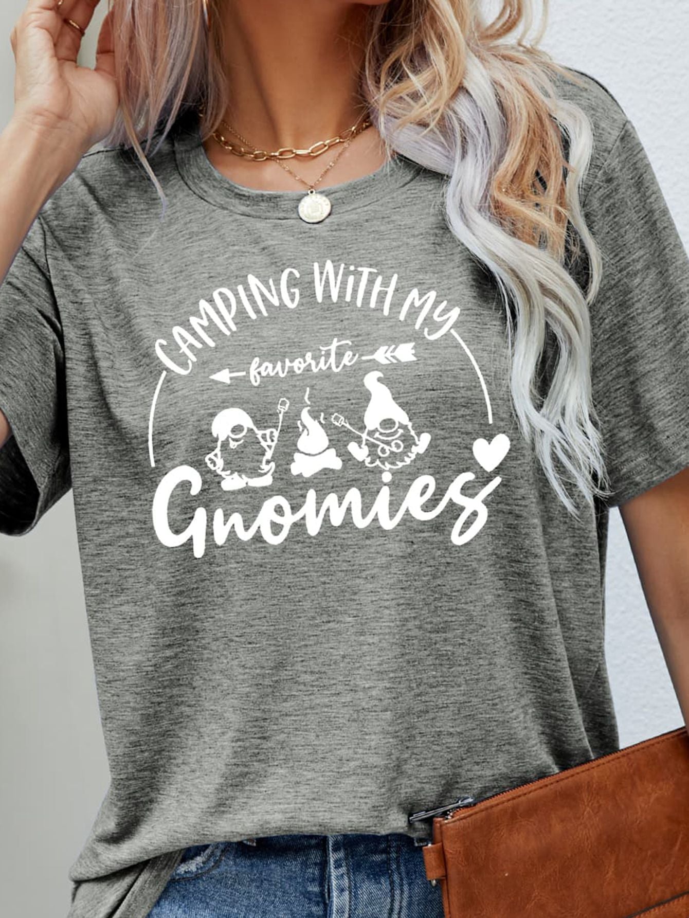 Light Slate Gray CAMPING WITH MY FAVORITE GNOMIES Graphic Tee Tops
