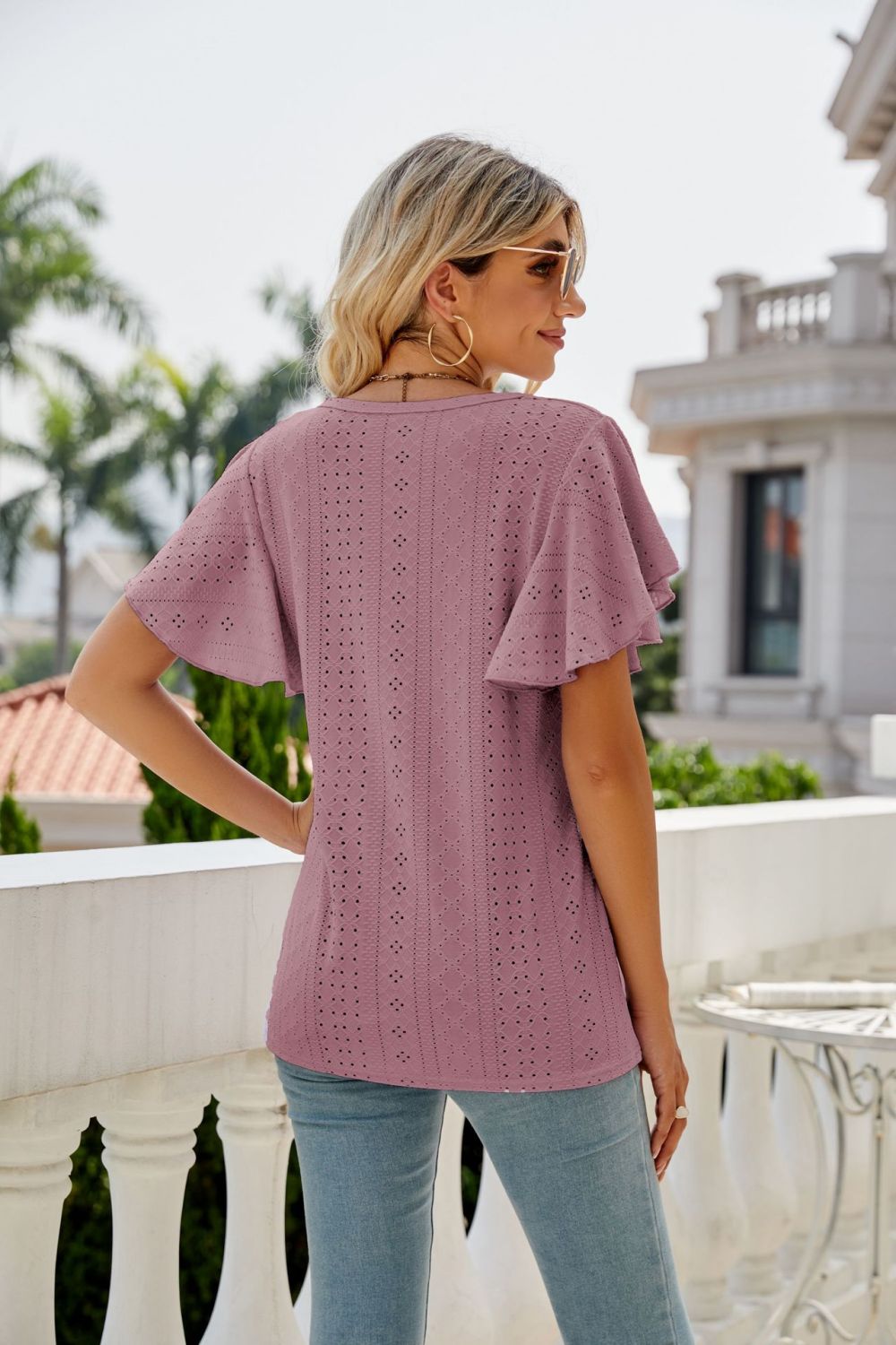 Gray Eyelet Flutter Sleeve Round Neck Top Tops