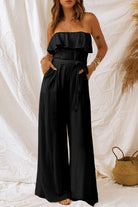 Black Tie-Waist Ruffled Strapless Wide Leg Jumpsuit Clothing