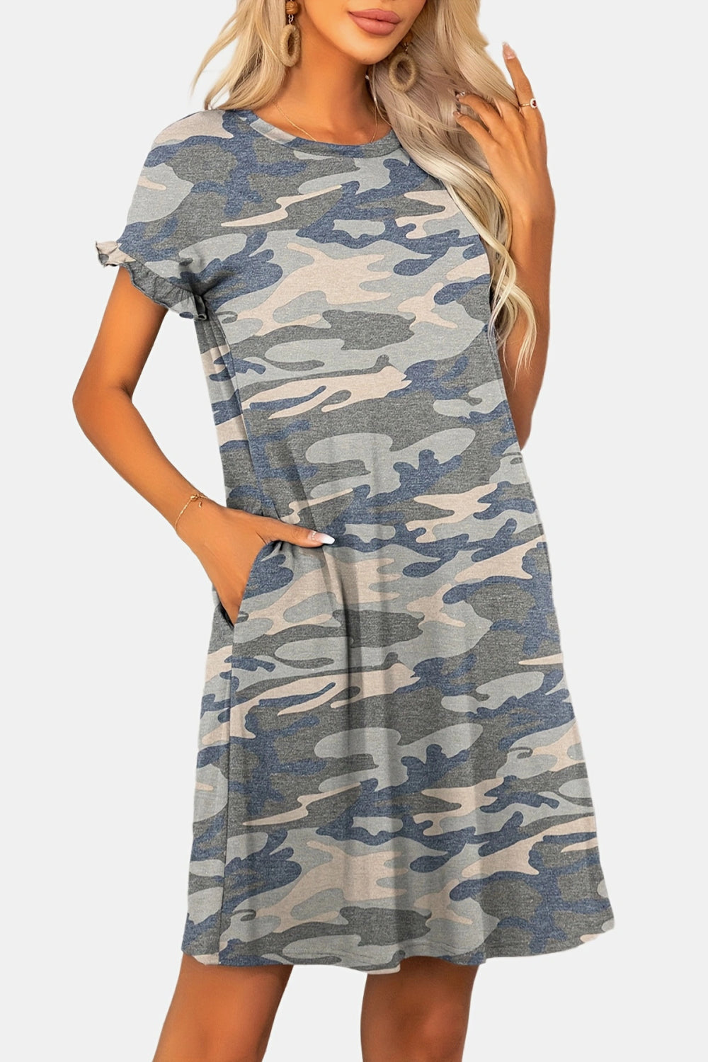 Dim Gray Flounce Sleeve Round Neck Dress with Pockets