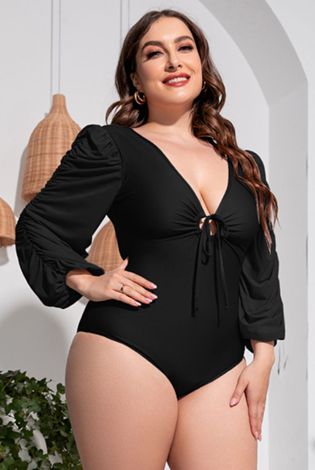 Black Plus Size Tied Deep V Balloon Sleeve One-Piece Swimsuit Plus Size Clothes