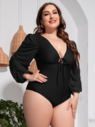 Black Plus Size Tied Deep V Balloon Sleeve One-Piece Swimsuit Plus Size Clothes