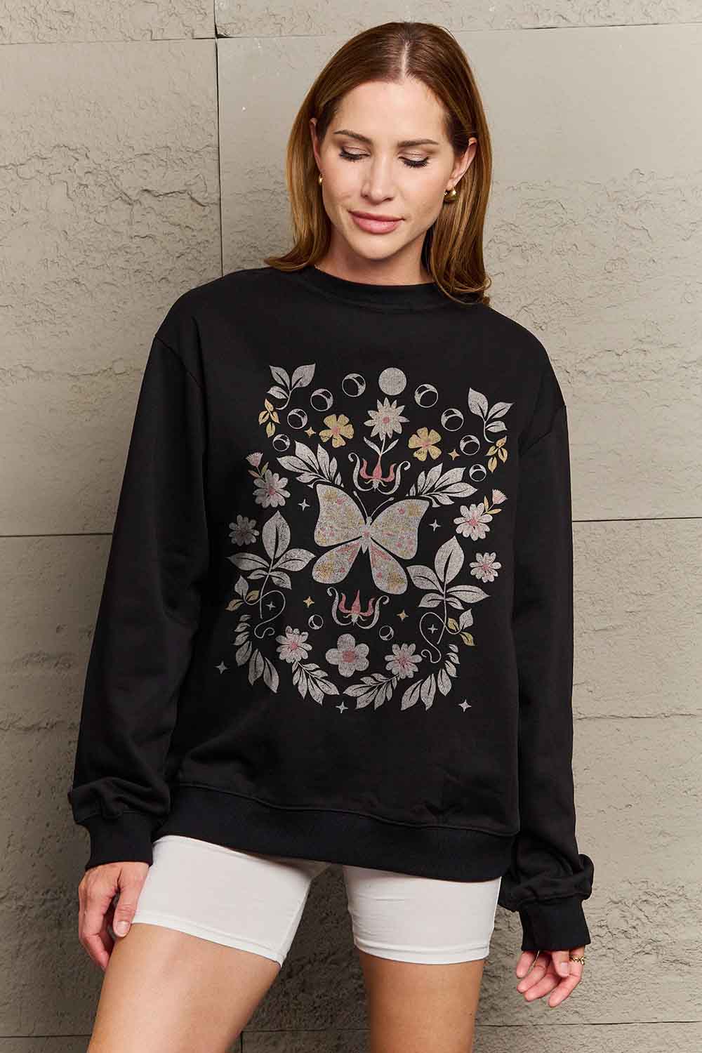 Dark Gray Simply Love Simply Love Full Size Flower and Butterfly Graphic Sweatshirt Sweatshirts