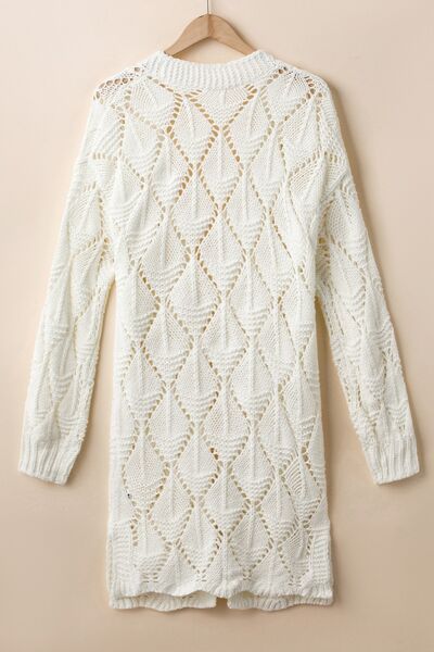 Light Gray Openwork Open Front Dropped Shoulder Cardigan