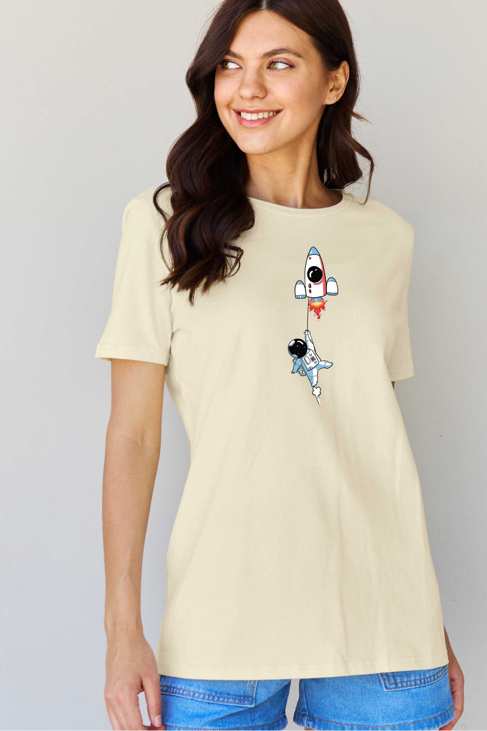 Light Gray Simply Love Full Size Astronaut Graphic Cotton T-Shirt Graphic Tees