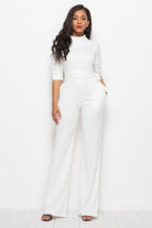 White Smoke Mock Neck Tie-Waist Half Sleeve Jumpsuit Clothes