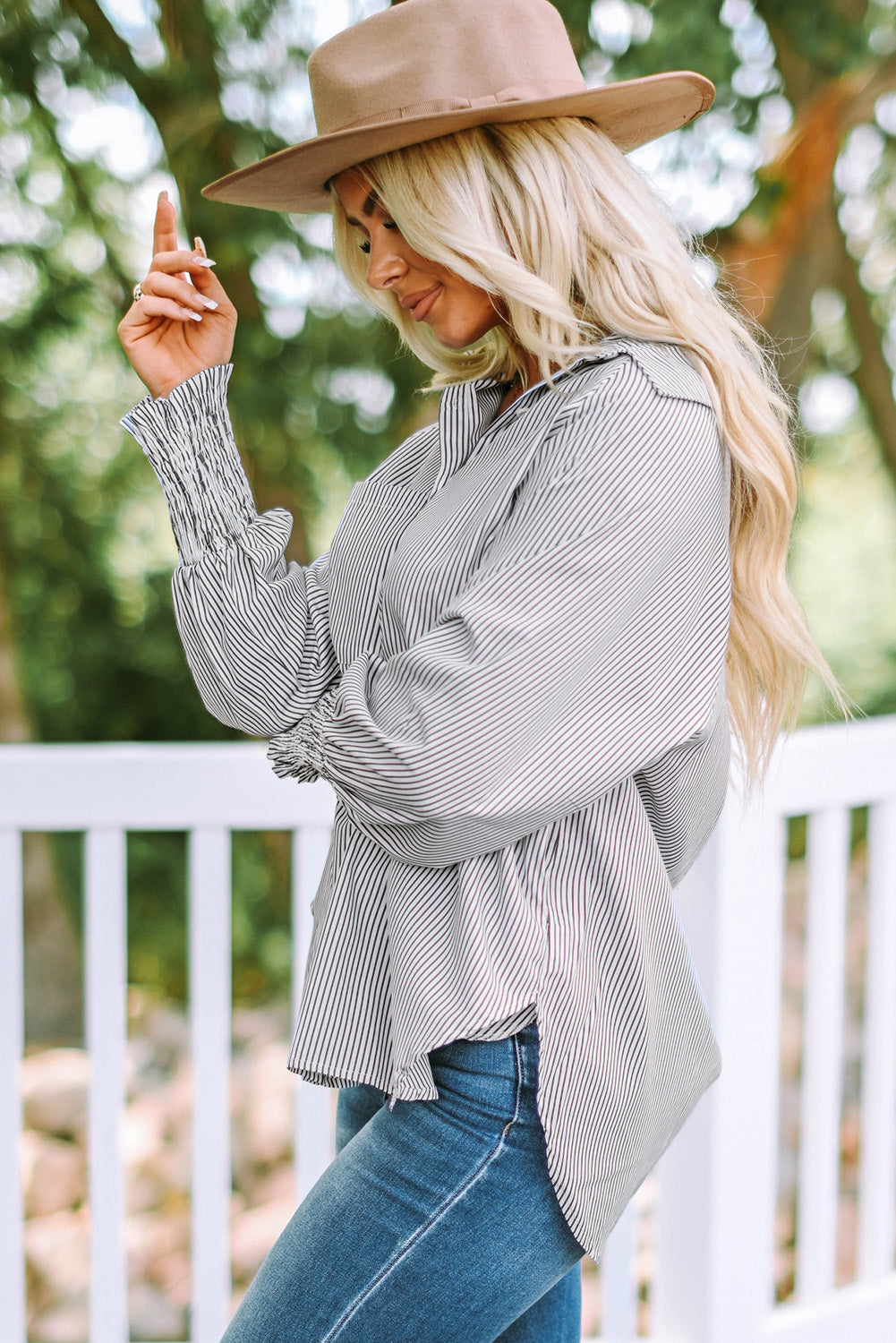 Light Gray Striped Lantern Sleeve Collared Shirt Tops