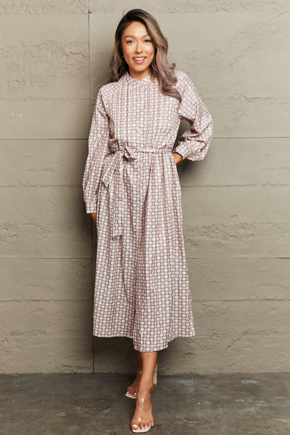 Rosy Brown Printed Tie Waist Long Sleeve Dress Clothing