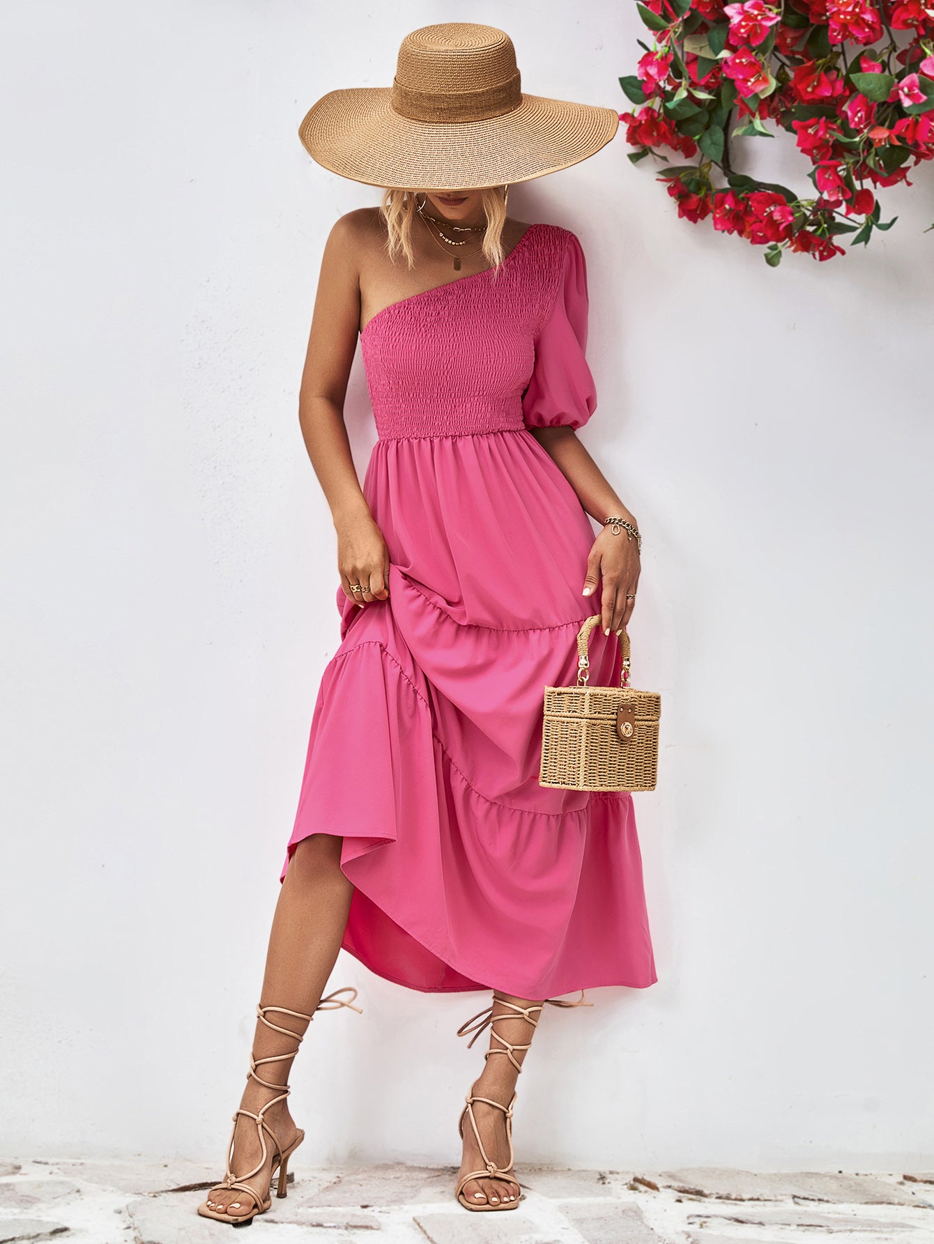 Light Gray Smocked One-Shoulder Midi Dress Clothes