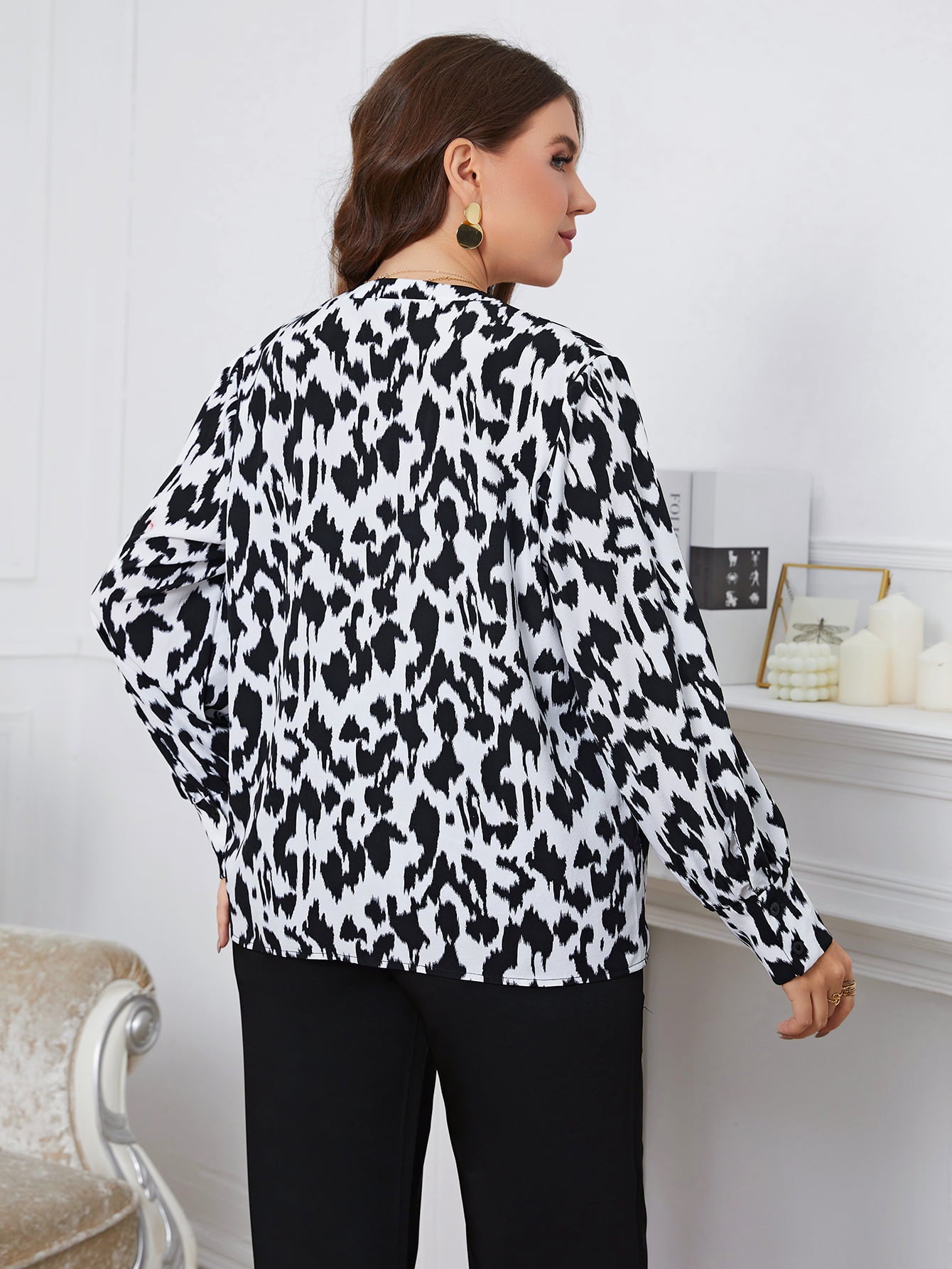 Light Gray Easing Into My Lifestyle Plus Size Printed Long Sleeve V-Neck Blouse Plus Size Tops