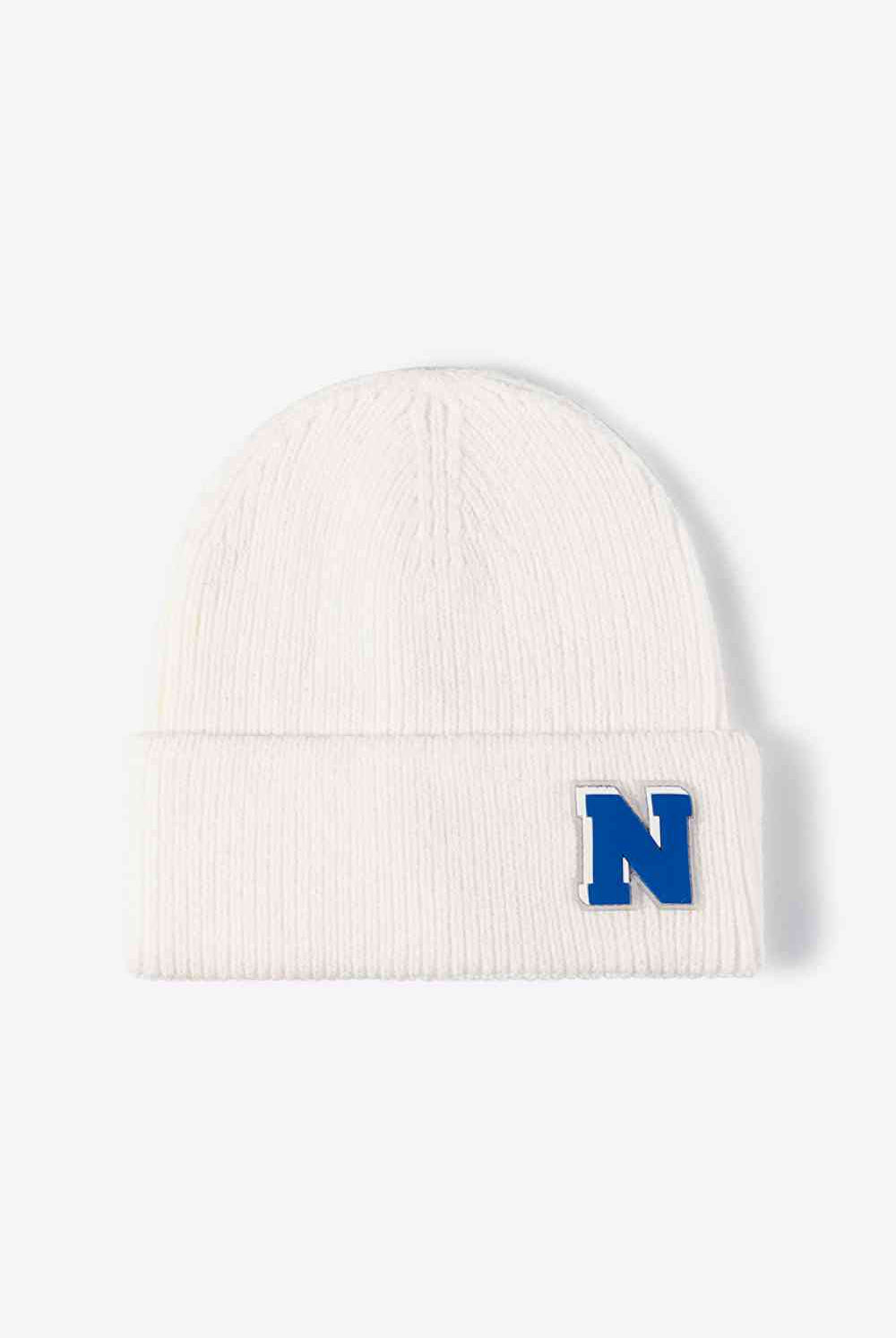White Smoke Letter N Patch Cuffed Knit Beanie Winter Accessories