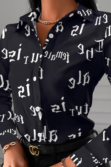 Dark Gray Printed Collared Neck Long Sleeve Shirt Clothing