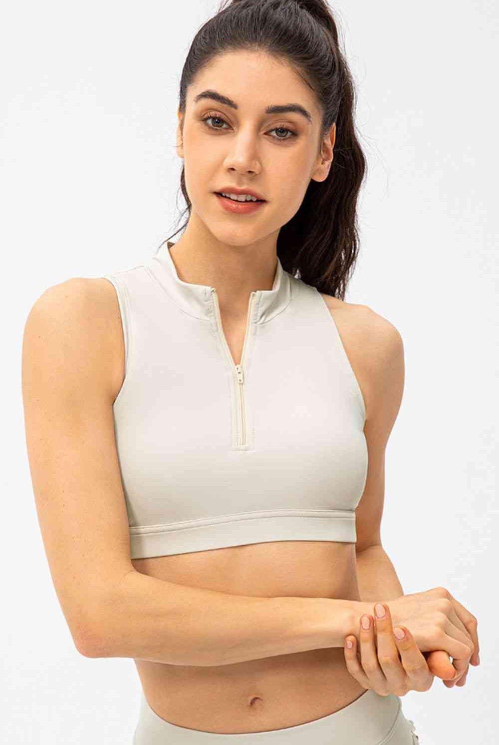 Antique White Go Hard Full Size Cropped Cutout Back Zipper Front Active Tank Top activewear