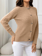 Rosy Brown Round Neck Cable-Knit Buttoned Knit Top Clothing