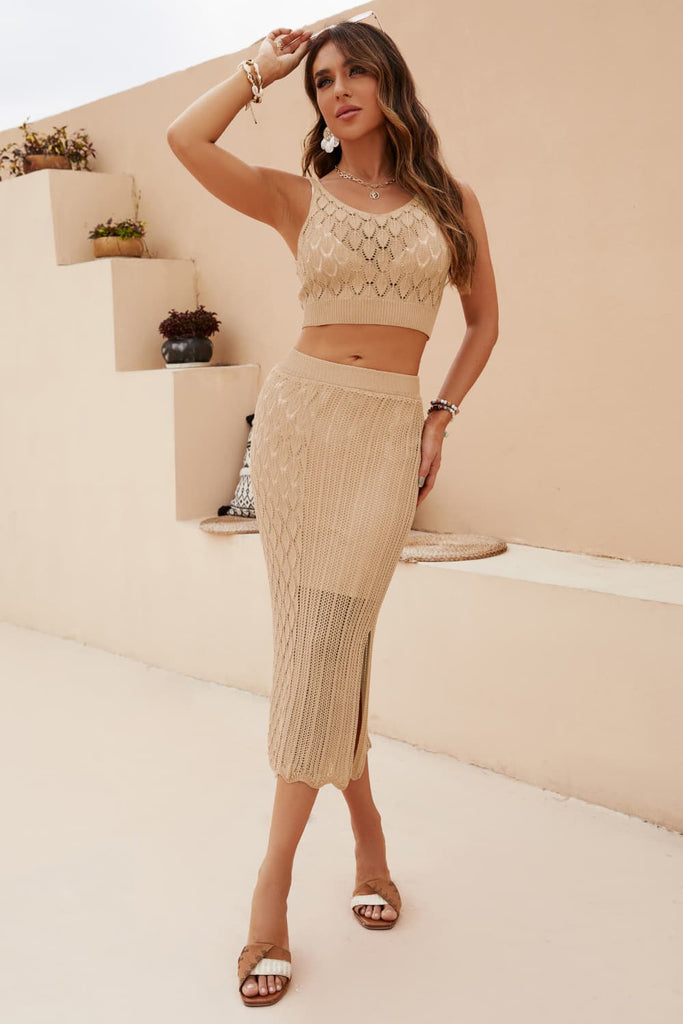 Wheat Openwork Cropped Tank and Split Skirt Set Clothing