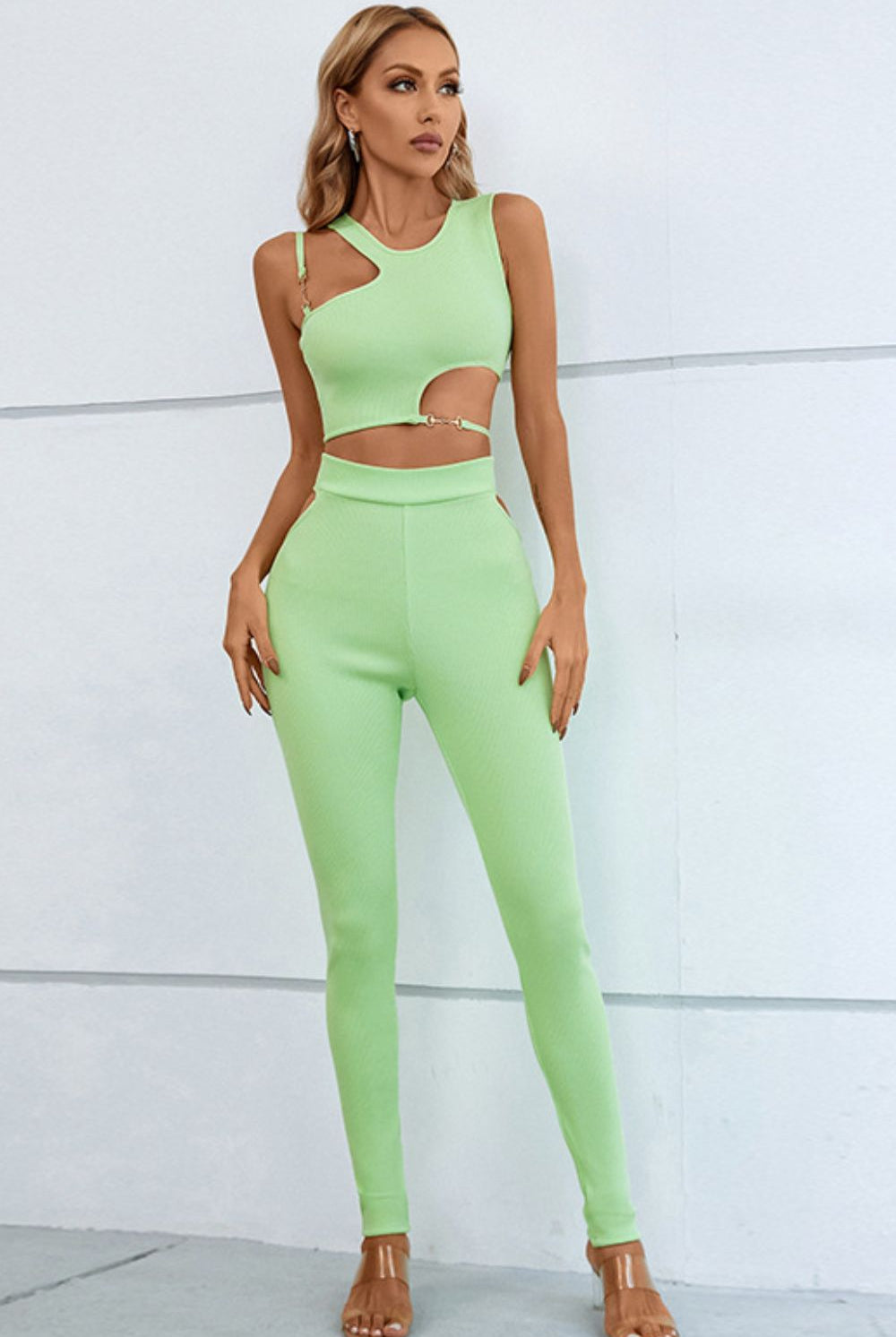 Light Gray ILY More Asymmetrical Ribbed Cutout Tank and Pants Set Outfit Sets