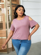 Rosy Brown Plus Size Cold-Shoulder Round Neck Curved Hem Tee Plus Size Clothes
