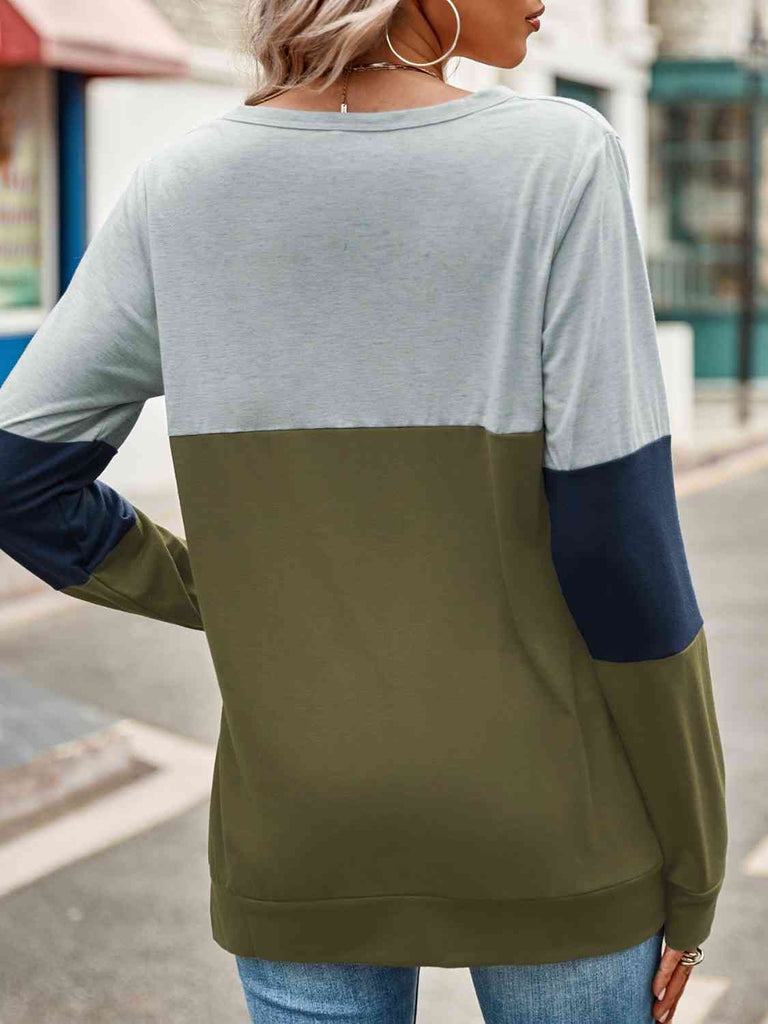 Gray Color Block Cutout Round Neck Long Sleeve T-Shirt Holiday