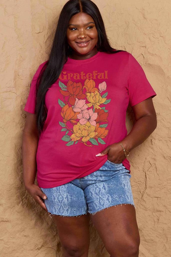 Rosy Brown Simply Love Full Size GRATEFUL Flower Graphic Cotton T-Shirt Graphic Tees