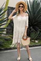 Dark Slate Gray V-Neck Short Sleeve Fringe Hem Knit Dress Clothing