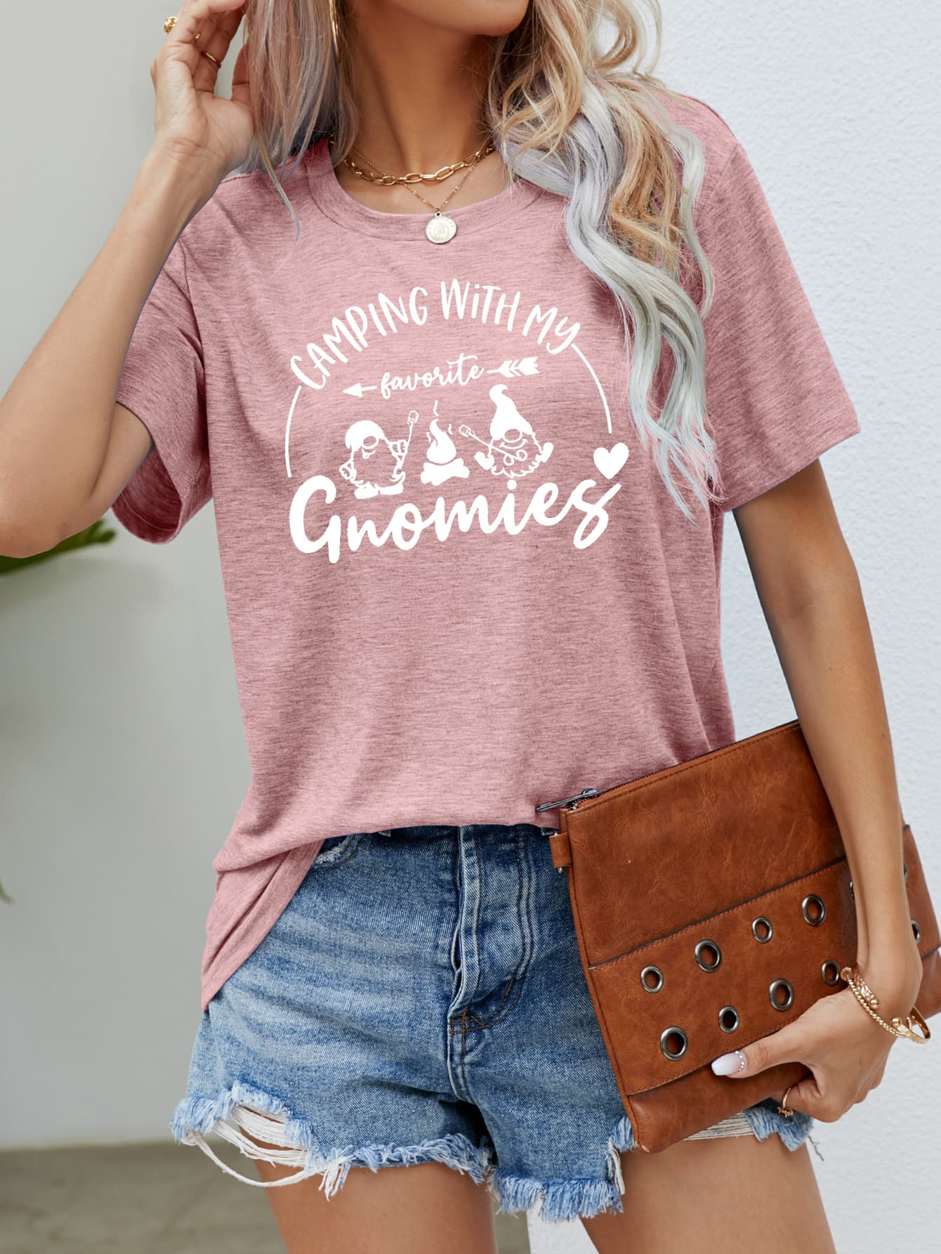 Rosy Brown CAMPING WITH MY FAVORITE GNOMIES Graphic Tee Tops