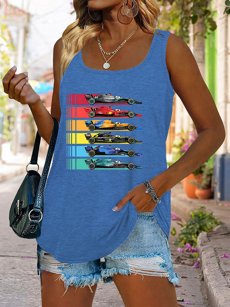 Dim Gray Scoop Neck Race Car Graphic Tank Top Graphic Tees