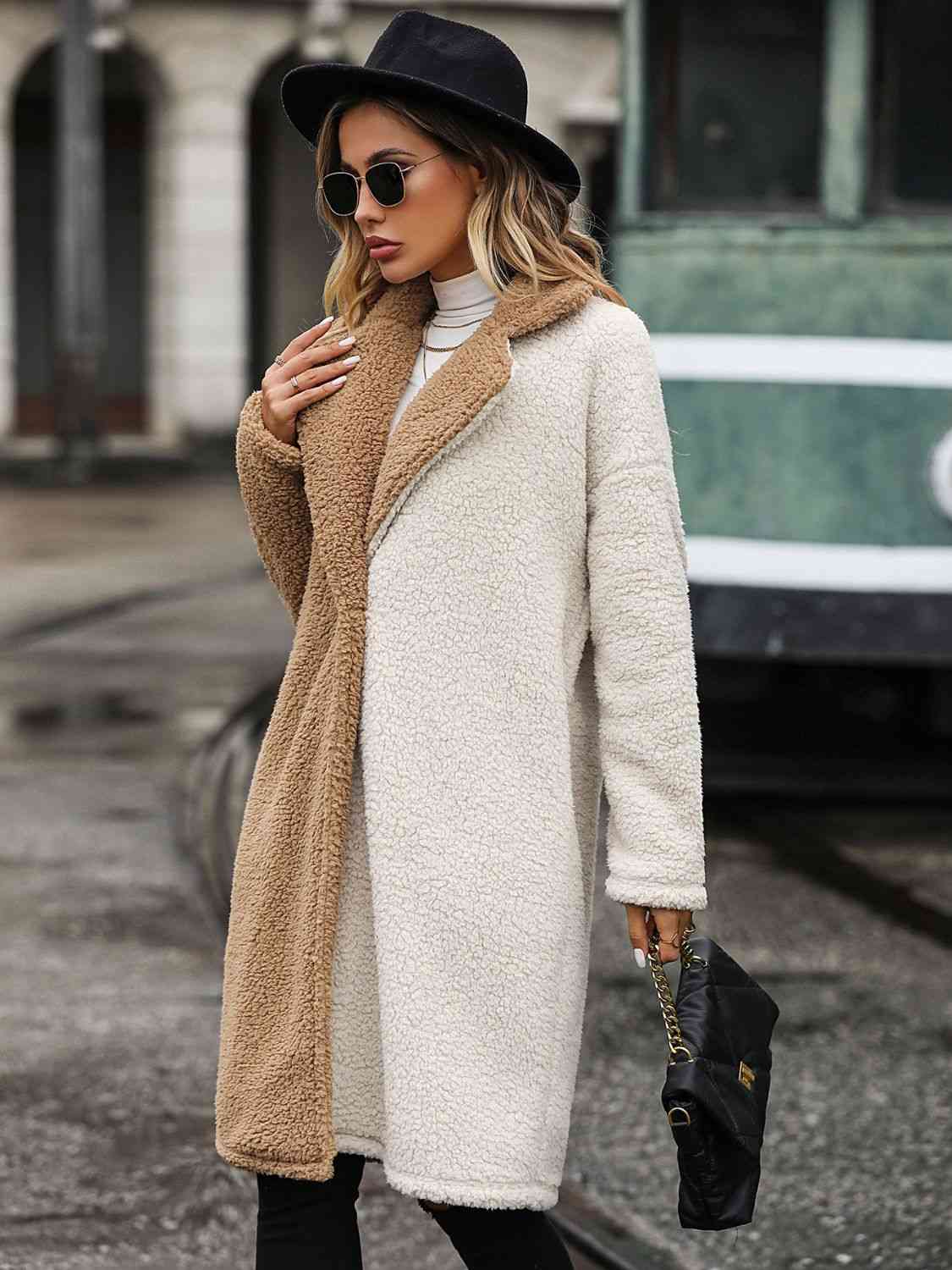 Dim Gray Contrast Dropped Shoulder Sherpa Coat Clothes