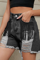 Dark Slate Gray Fringe Trim Distressed Denim Shorts with Pockets Denim