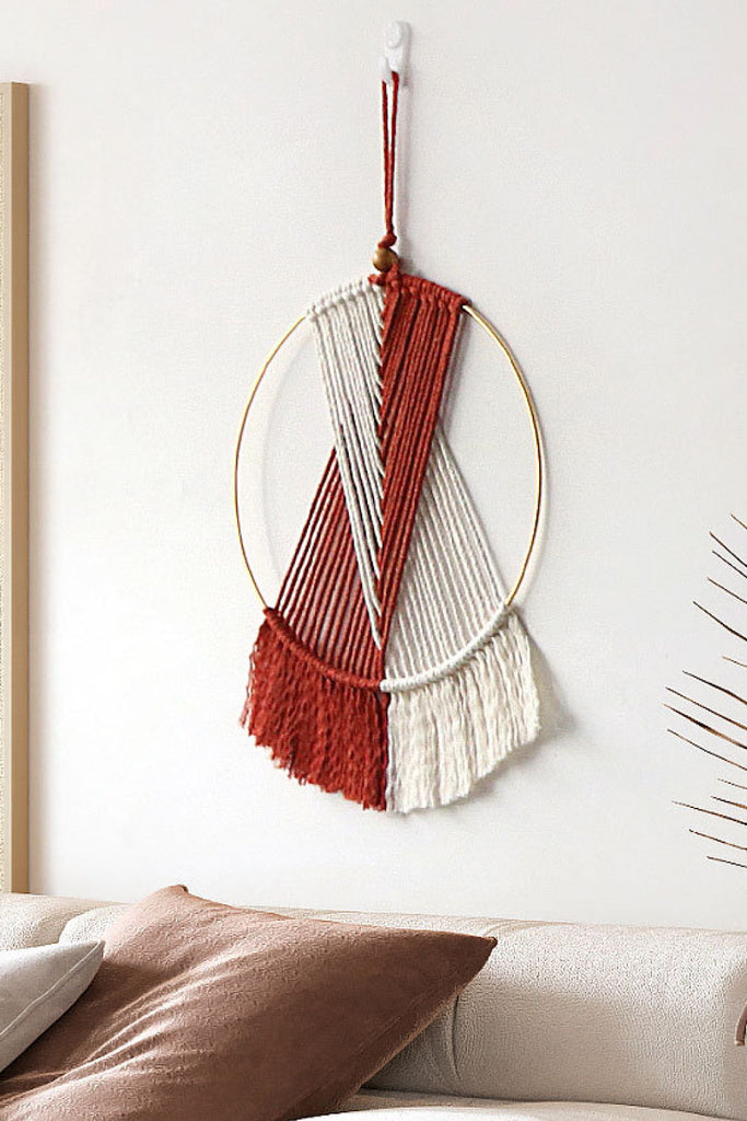 Antique White Contrast Fringe Round Macrame Wall Hanging Home