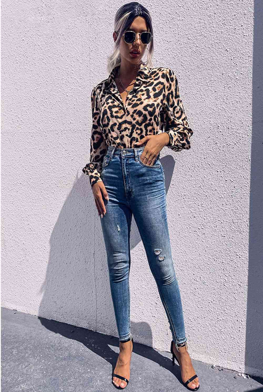 Gray Leopard Printed Button Down Blouse Trends