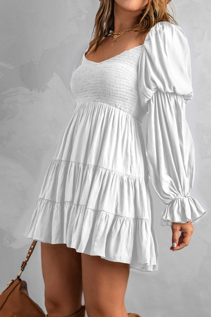 Gray Even Up The Score Smocked Off-Shoulder Tiered Mini Dress Dresses
