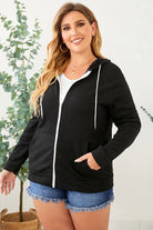 Black Plus Size Zip Up Hooded Jacket with Pocket