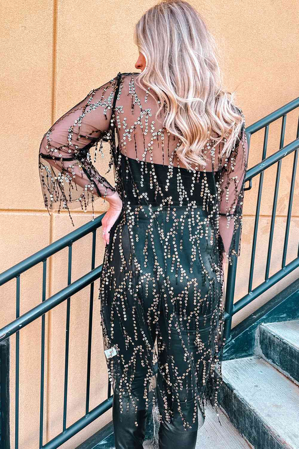 Gray Sequin Open Front Sheer Cardigan Holiday