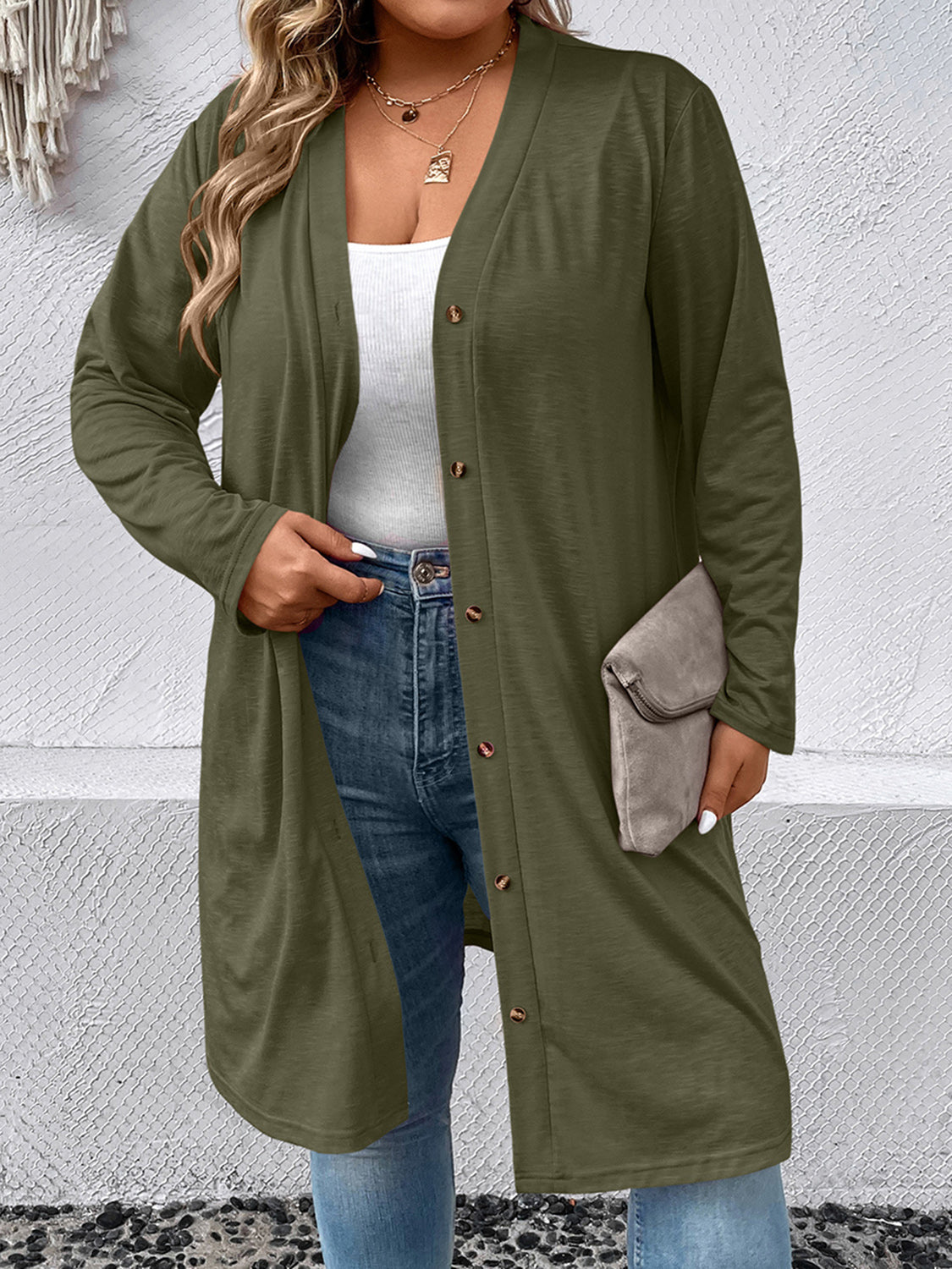 Dark Slate Gray Plus Size Button Down Longline Cardigan Clothing