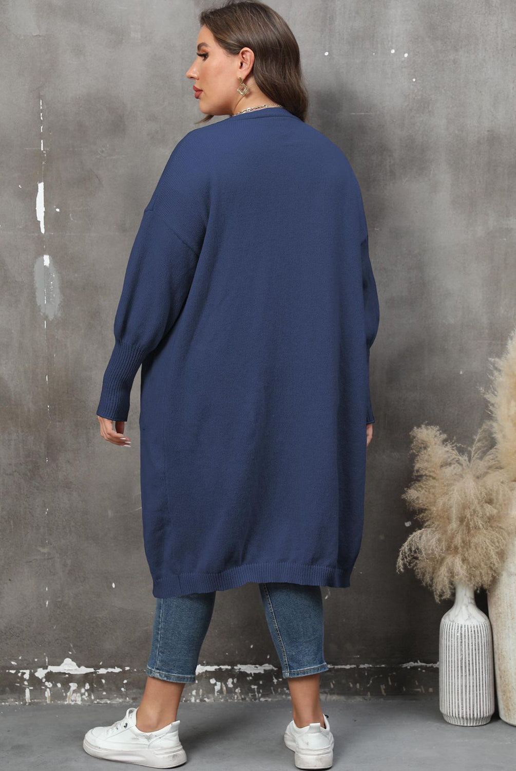Dim Gray Plus Size Long Sleeve Pocketed Cardigan Clothing