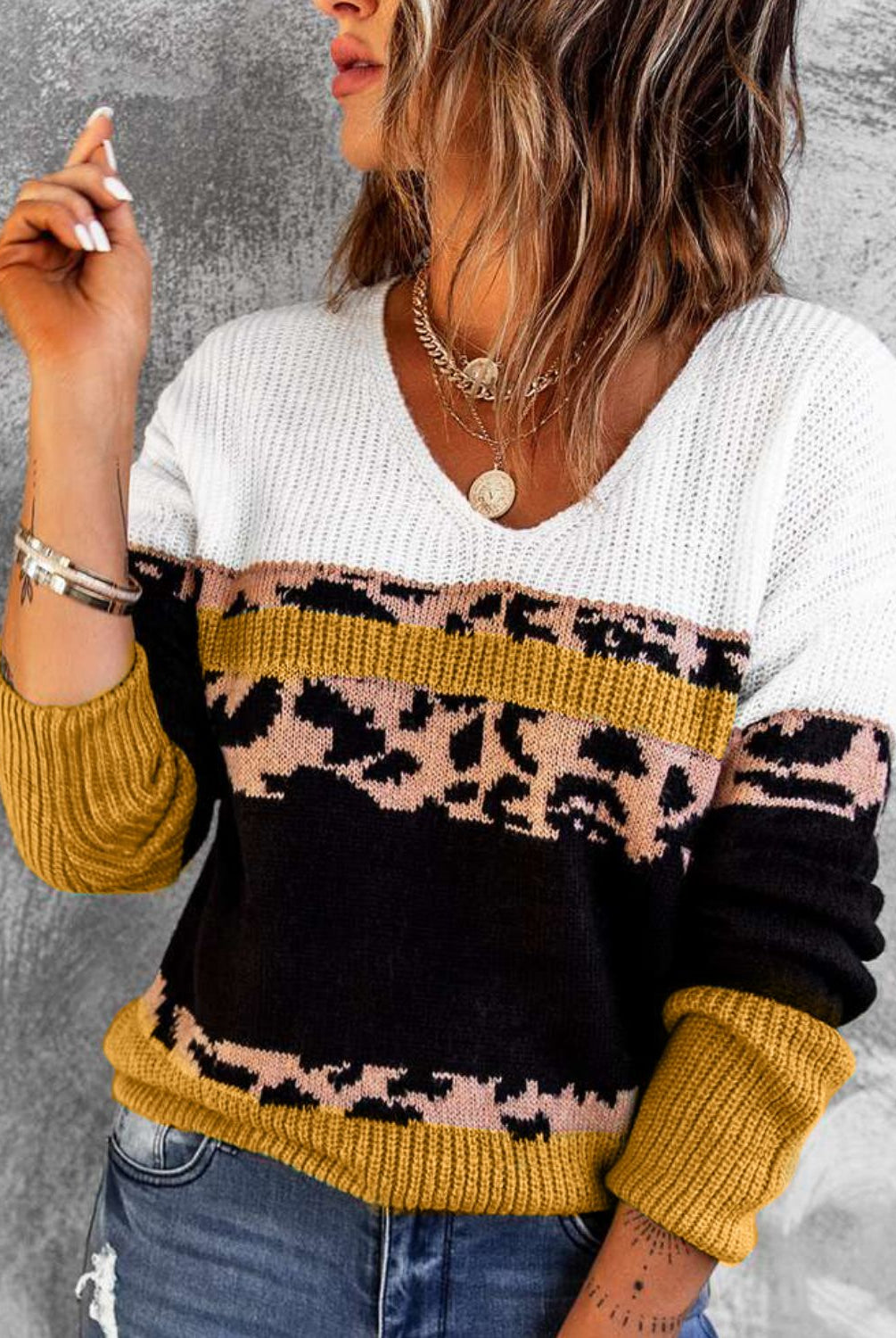 Rosy Brown Feeling The Sunshine Leopard Color Block V-Neck Rib-Knit Sweater Sweaters