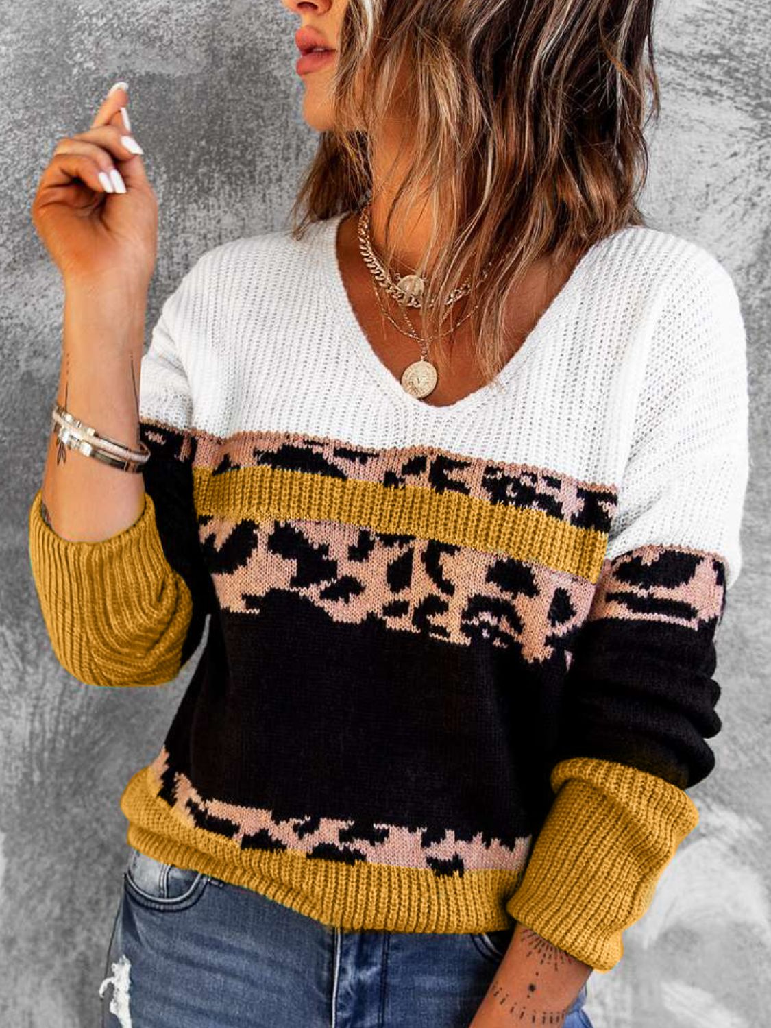 Rosy Brown Feeling The Sunshine Leopard Color Block V-Neck Rib-Knit Sweater Sweaters