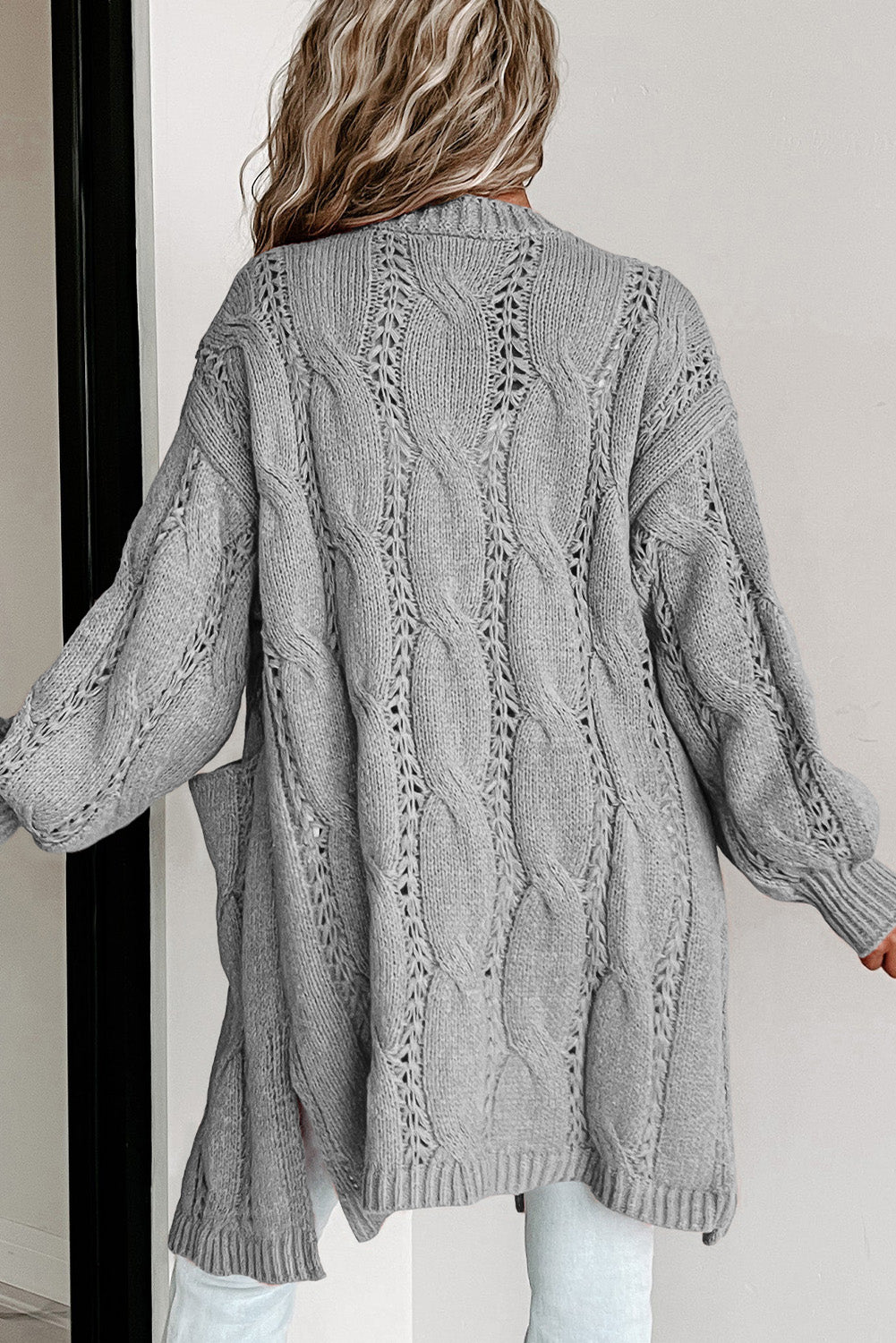 Gray Cable-Knit Dropped Shoulder Cardigan Clothing