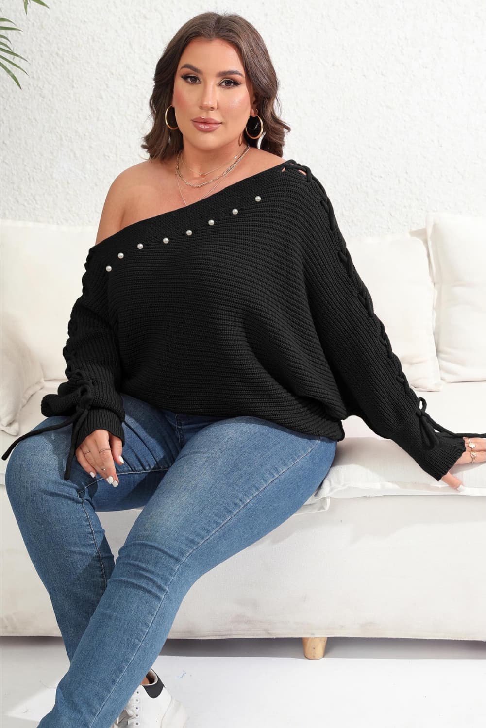 Light Gray Plus Size One Shoulder Beaded Sweater Clothing