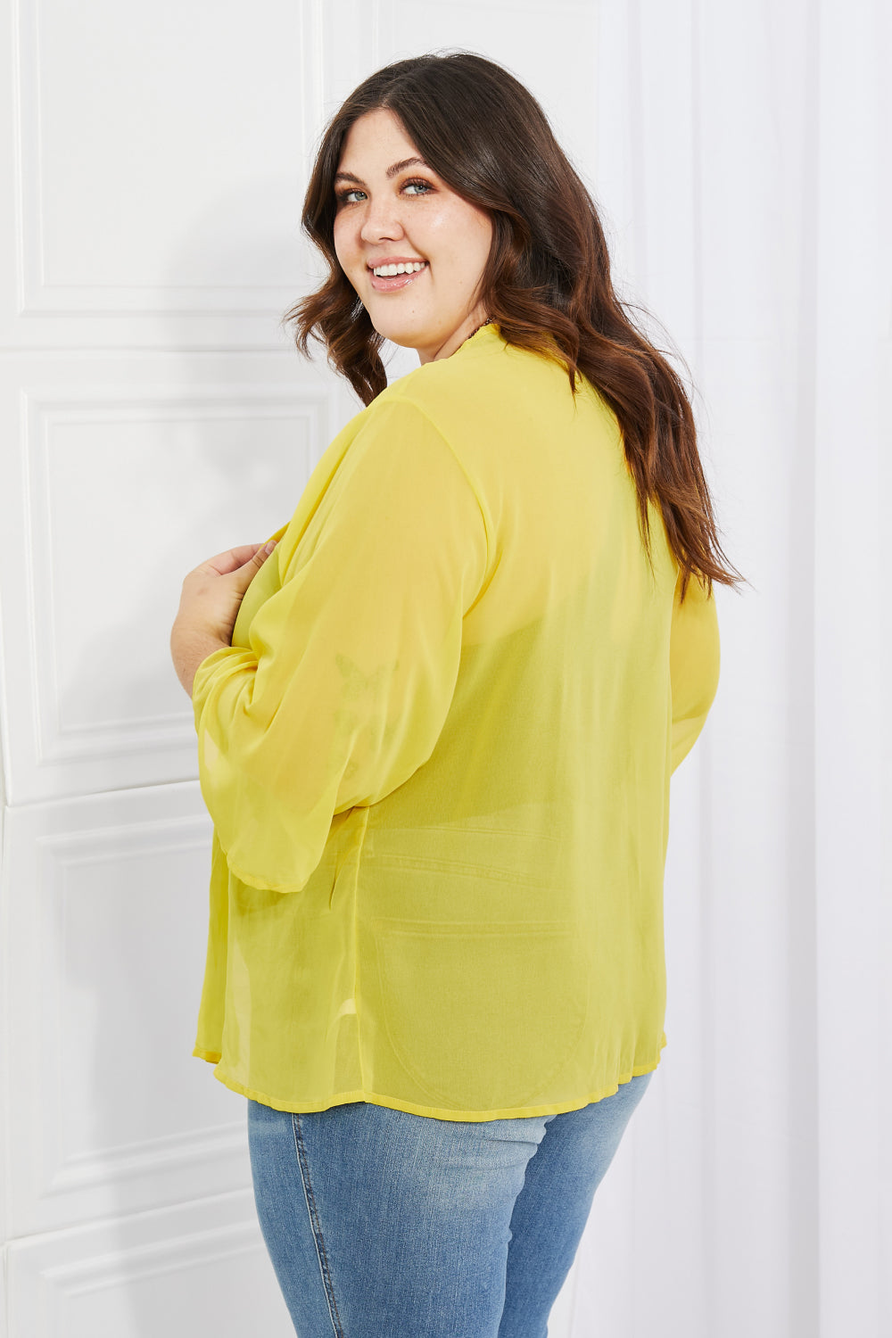 Light Gray Melody Just Breathe Full Size Chiffon Kimono in Yellow Clothing