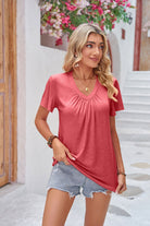 Gray Ruched V-Neck Short Sleeve Tee Tops