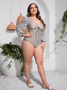 Gray Plus Size Tied Deep V Balloon Sleeve One-Piece Swimsuit Plus Size Clothes