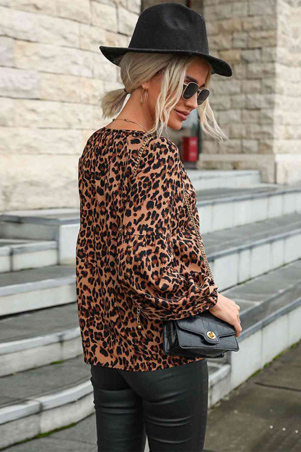 Dark Gray Leopard Lantern Sleeve Blouse Trends