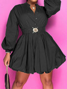 Dark Slate Gray Notched Button Up Balloon Sleeves Dress Plus Size Clothes