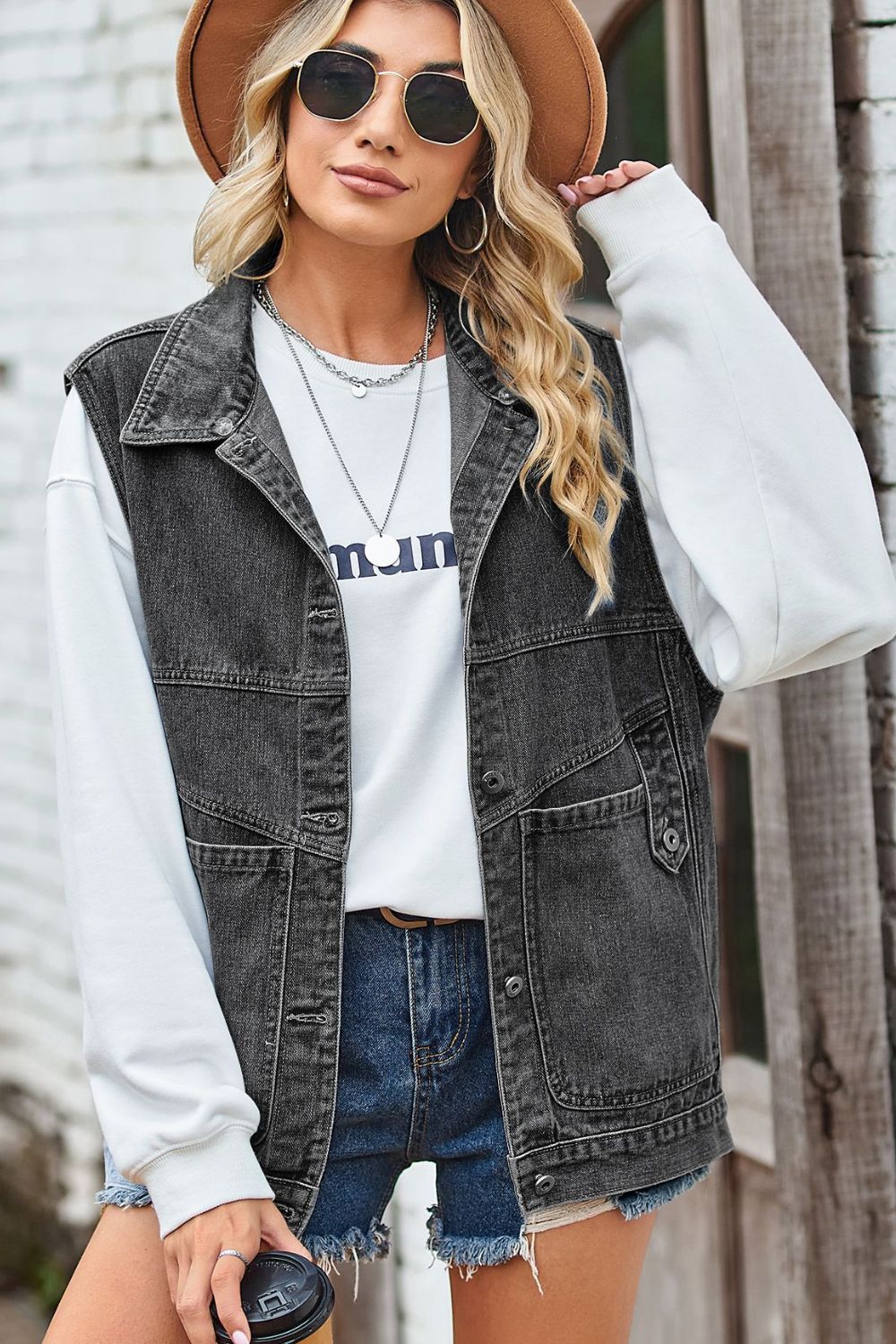 Gray Sleeveless Denim Top with A Detachable Hood Denim