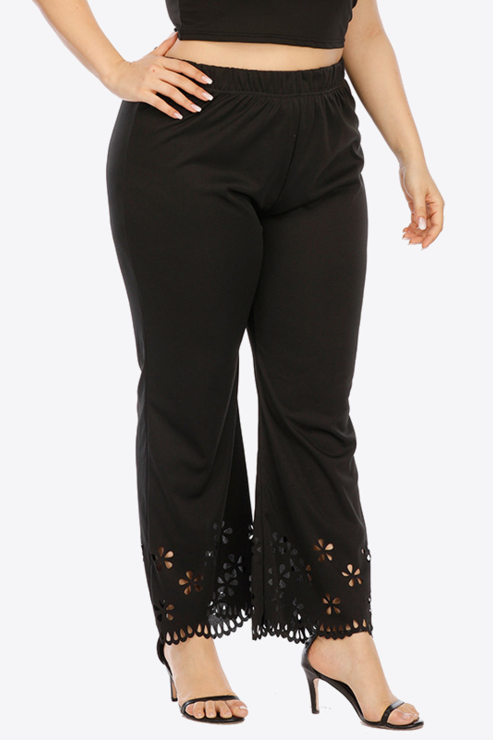Beige Plus Size Openwork Elastic Waist Pants Plus Size Clothes