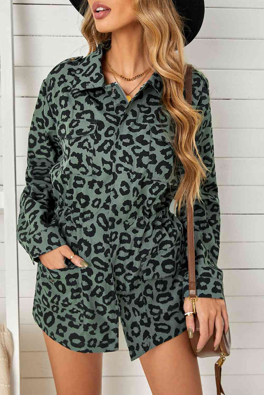 Rosy Brown Double Take Leopard Drawstring Waist Jacket with Pockets Trends