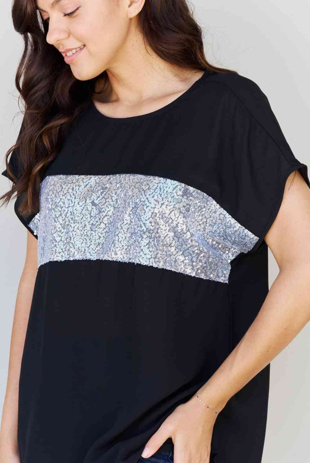 Gray Sew In Love Shine Bright Full Size Center Mesh Sequin Top in Black/Silver Clothing