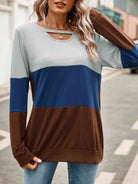 Gray Color Block Cutout Round Neck Long Sleeve T-Shirt Holiday